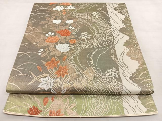 平和屋着物◎西陣 六通柄袋帯 流水花文 引箔 証紙付き 正絹 逸品 BAAX0159qw