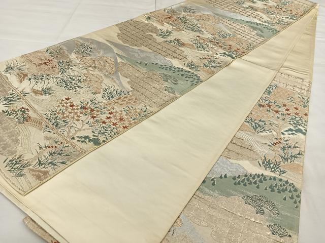 平和屋着物◎六通柄袋帯 遠山草花文 金銀糸 正絹 逸品 BAAX0185qw