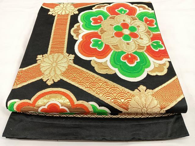 平和屋着物◎六通柄袋帯 唐織 亀甲花文 黒地 金糸 正絹 逸品 BAAX0188qw