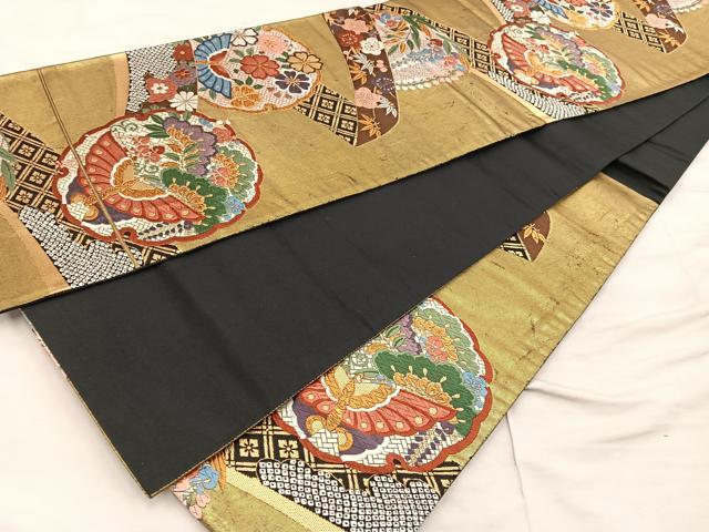 平和屋着物▼六通柄袋帯 唐織 作家物 慶祥典雅文 金糸 正絹 逸品 BAAX0250mz