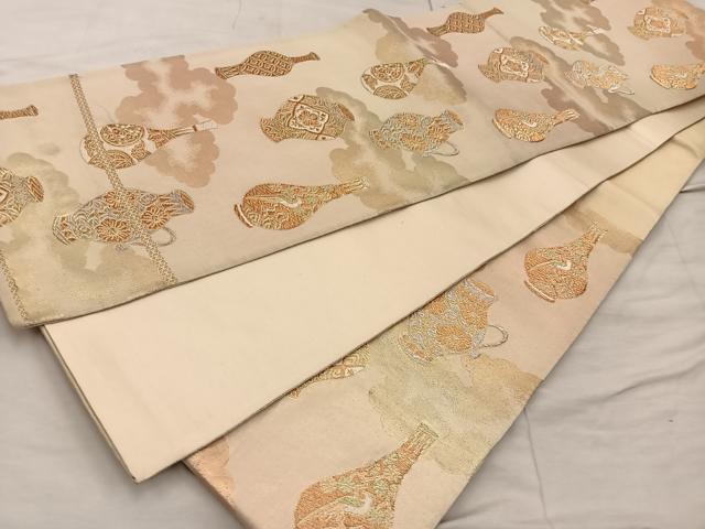 平和屋着物◎六通柄袋帯 陶器花文 金銀糸 正絹 逸品 BAAX0261mz