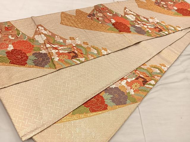 平和屋着物◎佐賀錦 六通柄袋帯 唐織 宝尽くし御所車牡丹花文 金糸 正絹 逸品 BAAX0270mz
