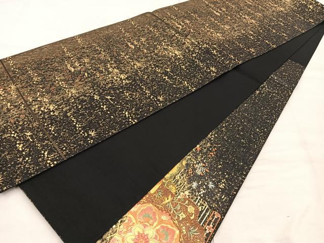 平和屋着物◎六通柄袋帯 鳳凰花文 黒地 金彩 正絹 逸品 BAAX0275mz