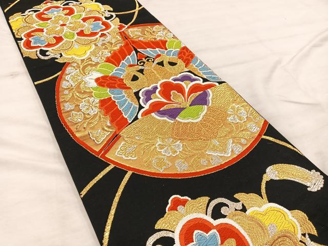 平和屋着物◎六通柄袋帯 唐織 飛鶴花丸文 黒地 金銀糸 正絹 逸品 BAAX0290mz