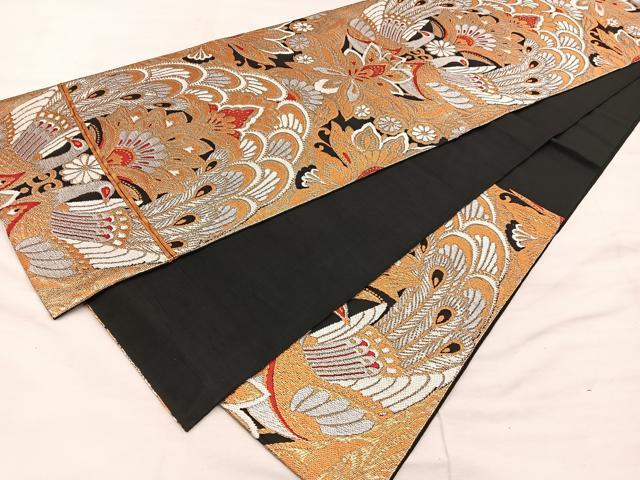 平和屋着物◎六通柄 京袋帯 鳳凰花文 黒地 金糸 正絹 逸品 BAAX0302mz