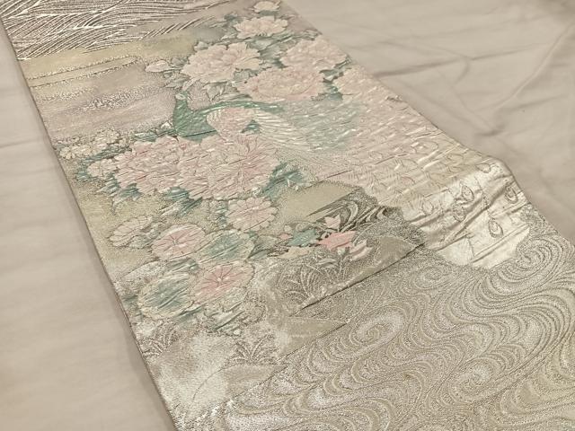 平和屋着物◎太鼓柄袋帯 ふくれ織 秀花麗姿孔雀文 銀糸 正絹 逸品 BAAX0309mz