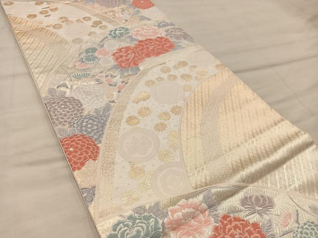 平和屋着物◎六通柄袋帯 唐織 牡丹花文 金糸 正絹 逸品 BAAX0310mz