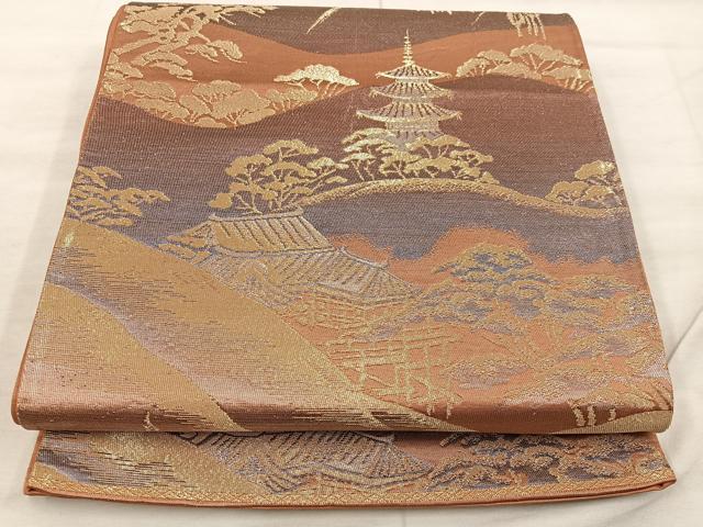 平和屋着物◎六通柄袋帯 風景文 金糸 正絹 逸品 BAAX0318mz
