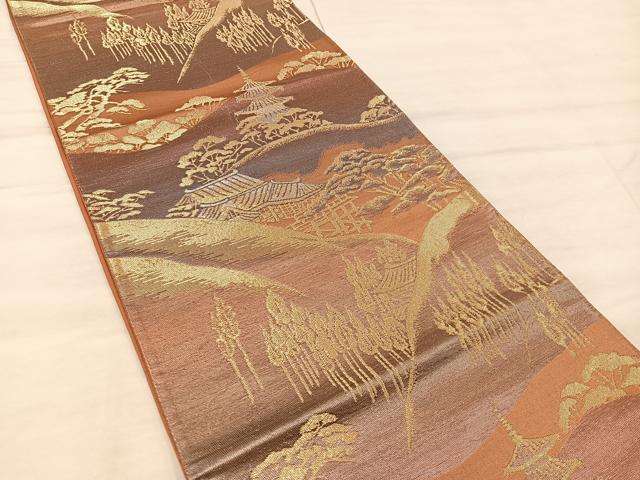 平和屋着物◎六通柄袋帯 風景文 金糸 正絹 逸品 BAAX0318mz