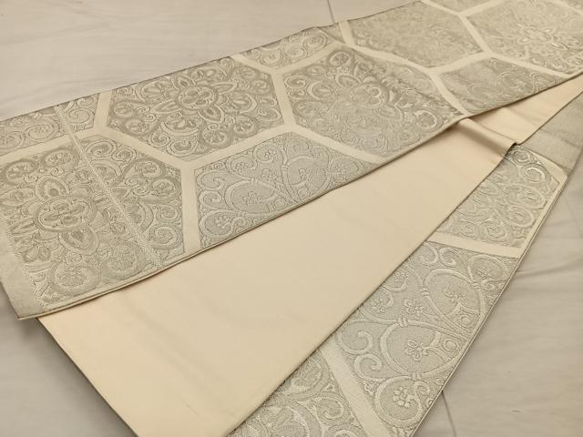 平和屋着物◎六通柄袋帯 亀甲花文 銀糸 正絹 逸品 BAAX0319mz
