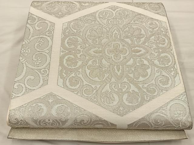 平和屋着物◎六通柄袋帯 亀甲花文 銀糸 正絹 逸品 BAAX0319mz