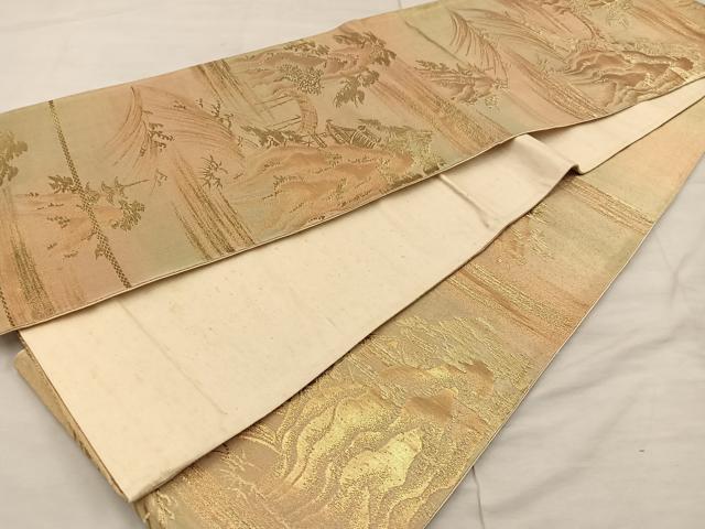 平和屋着物◎六通柄袋帯 風景文 金糸 正絹 逸品 BAAX0326mz