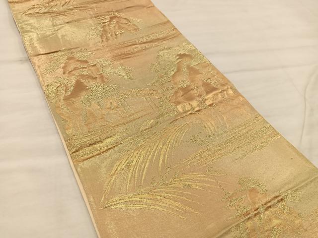 平和屋着物◎六通柄袋帯 風景文 金糸 正絹 逸品 BAAX0326mz