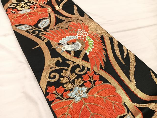 平和屋着物◎六通柄袋帯 鳳凰立涌花文 黒地 金銀糸 正絹 逸品 BAAX0341mz