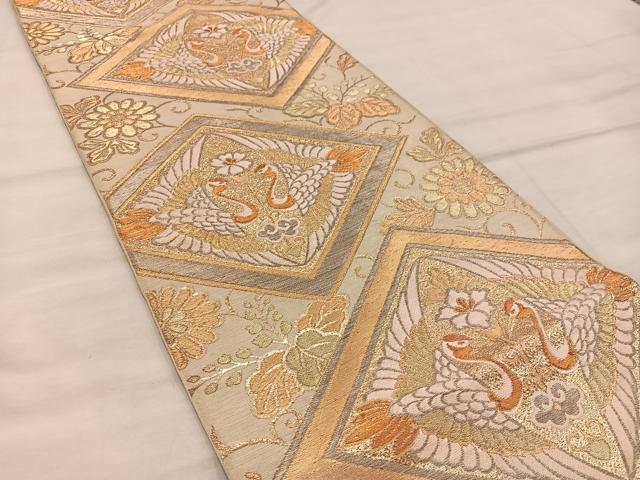 平和屋着物◎六通柄 本袋帯 向かい鶴花文 金糸 正絹 逸品 BAAX0350mz