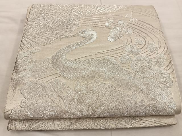 平和屋着物◎六通柄袋帯 飛鶴花文 銀糸 正絹 逸品 BAAX0355mz