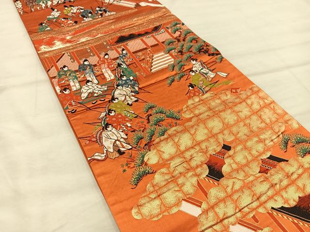 平和屋着物◎六通柄袋帯 唐織 双鶴花文 金糸 正絹 逸品 BAAX0423mz