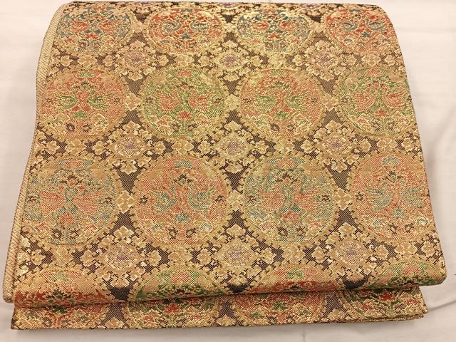 平和屋着物◎佐賀錦 六通柄袋帯 向かい鳥丸文 金糸 正絹 逸品 BAAX0427mz
