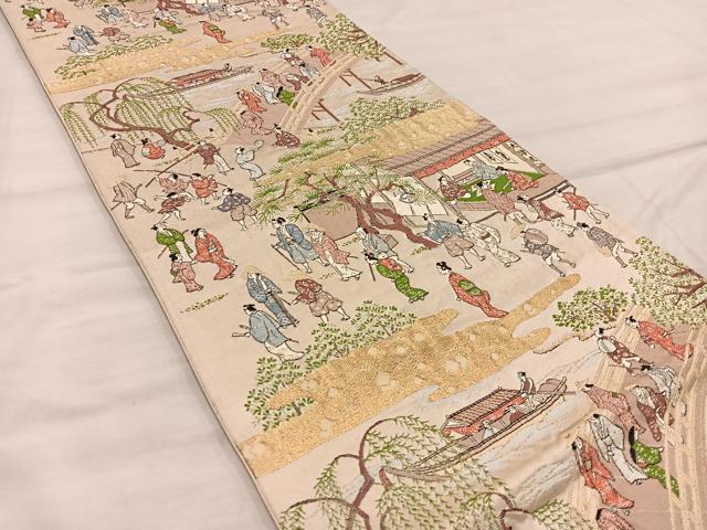 平和屋着物◎六通柄袋帯 人物風景文 金糸 正絹 逸品 BAAX0430mz