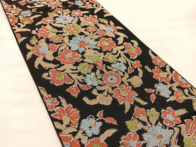 平和屋着物◎六通柄本袋帯 都錦 更紗花文 黒地 金銀糸 正絹 逸品 BAAX0464mz