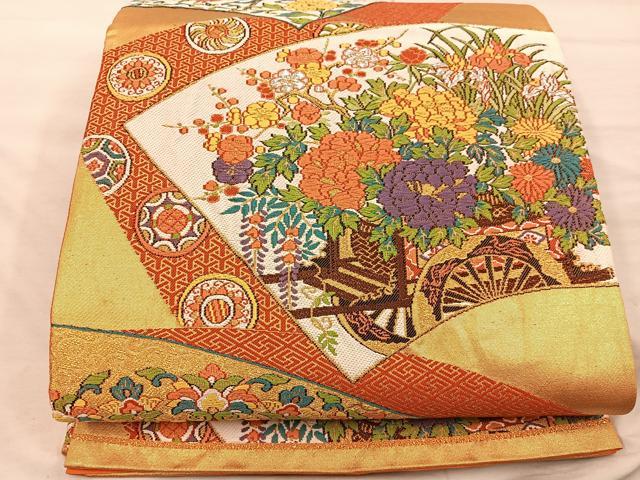 平和屋着物◎六通柄袋帯 唐織 鳳凰花車文 金糸 正絹 逸品 BAAX0482mz