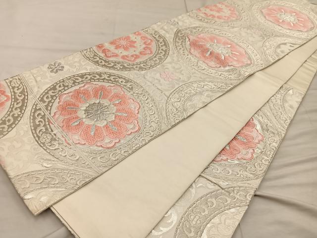 平和屋着物◎六通柄袋帯 花丸文 銀糸 正絹 逸品 BAAX0488mz