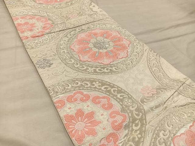 平和屋着物◎六通柄袋帯 花丸文 銀糸 正絹 逸品 BAAX0488mz