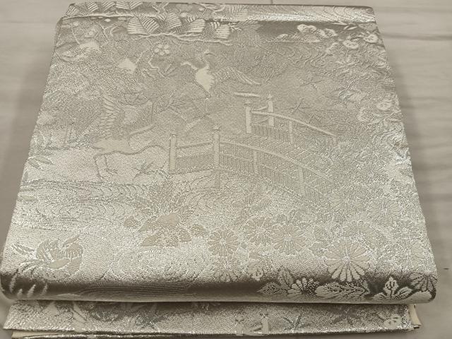 平和屋着物◎六通柄袋帯 飛鶴花文 プラチナ銀箔二重織 正絹 逸品 BAAX0509mz