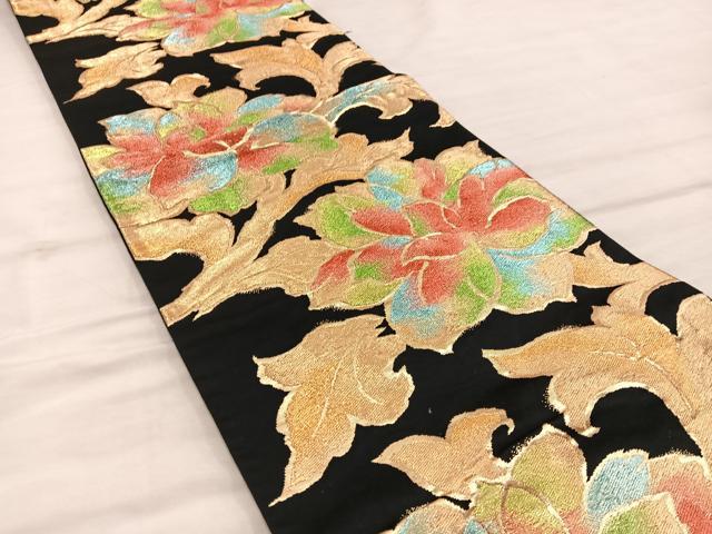 平和屋着物◎六通柄袋帯 牡丹文 黒地 金糸 正絹 逸品 BAAX0511mz