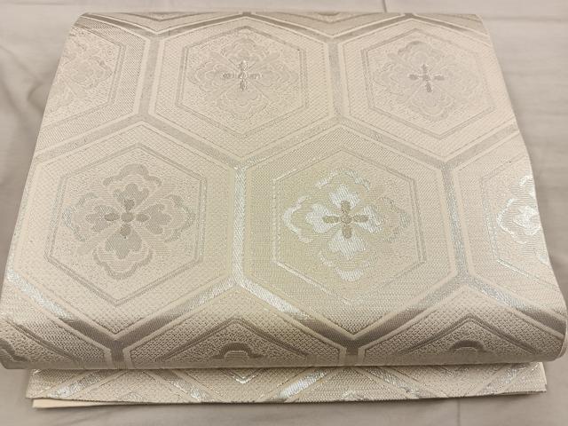 平和屋着物◎六通柄袋帯 亀甲花文 銀糸 正絹 逸品 BAAX0519mz