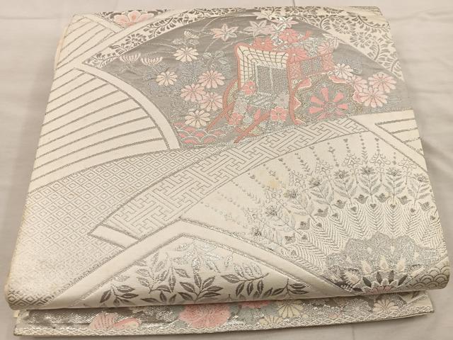 平和屋着物◎六通柄袋帯 九百錦 御所車花文 プラチナ箔 正絹 逸品 BAAX0523mz