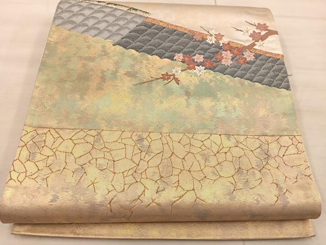 平和屋着物◎太鼓柄袋帯 風景花文 本うるし箔金 正絹 逸品 BAAX0535mz