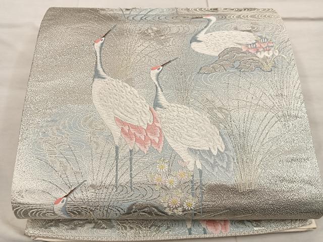 平和屋着物◎六通柄袋帯 唐織 九百錦 水辺のつる プラチナ箔 正絹 逸品 BAAX0548mz