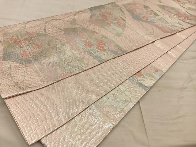 平和屋着物◎佐賀錦 六通柄袋帯 地紙重ね御所車花文 銀糸 正絹 逸品 BAAX0550mz