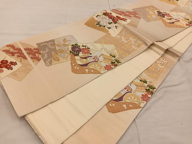 平和屋着物◎六通柄袋帯 雅 色紙重ね御所車花文 金銀糸 正絹 逸品 BAAX0564mz