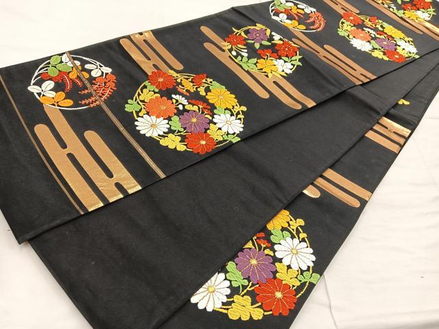 平和屋着物◎西陣 六通柄袋帯 唐織 エ霞菊花丸文 黒地 金糸 正絹 逸品 BAAX0565mz