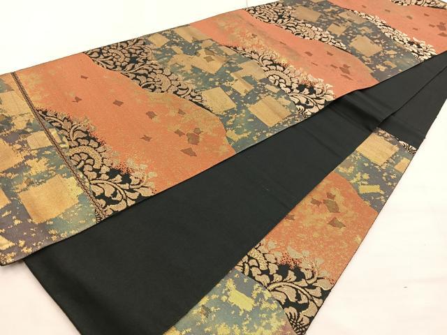 平和屋着物◎西陣 服部織物謹製 六通柄袋帯 こはく錦 草葉文 黒地 金糸 正絹 逸品 BAAX0578mz
