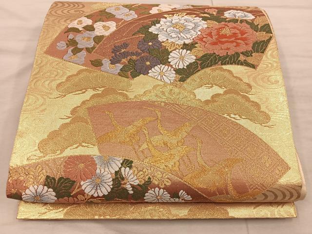 平和屋着物◎六通柄袋帯 唐織 地紙重ね飛鶴花文 金糸 正絹 逸品 BAAX0588mz