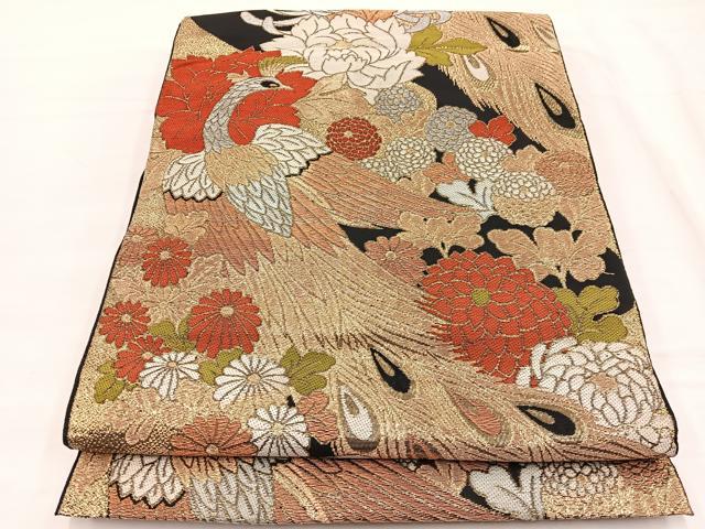 平和屋着物◎六通柄 本袋帯 唐織 孔雀花文 黒地 金銀糸 正絹 逸品 BAAX0624hv