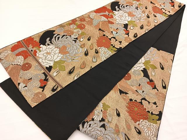 平和屋着物◎六通柄 本袋帯 唐織 孔雀花文 黒地 金銀糸 正絹 逸品 BAAX0624hv