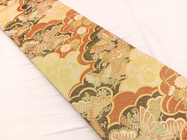 平和屋着物◎佐賀錦 六通柄袋帯 雲取り花蝶文 金糸 正絹 逸品 BAAX0626hv