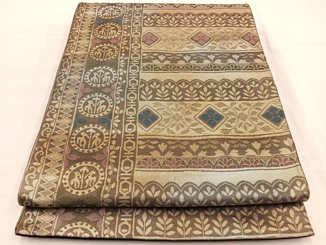 平和屋着物◎六通柄袋帯 横段動物花文 金糸 引箔 正絹 逸品 BAAX0652hv