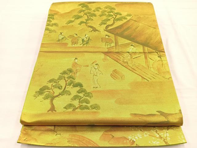 平和屋着物◎六通柄袋帯 手描き 人物風景文 金糸 引箔 正絹 逸品 未使用 BAAX0654hv