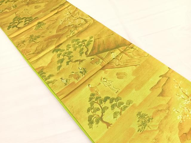 平和屋着物◎六通柄袋帯 手描き 人物風景文 金糸 引箔 正絹 逸品 未使用 BAAX0654hv