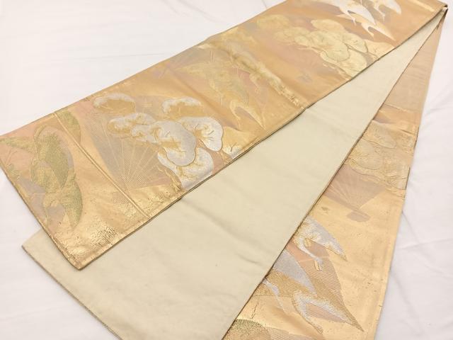 平和屋着物◎六通柄袋帯 扇面松飛鶴文 金銀糸 正絹 逸品 BAAX0665hv