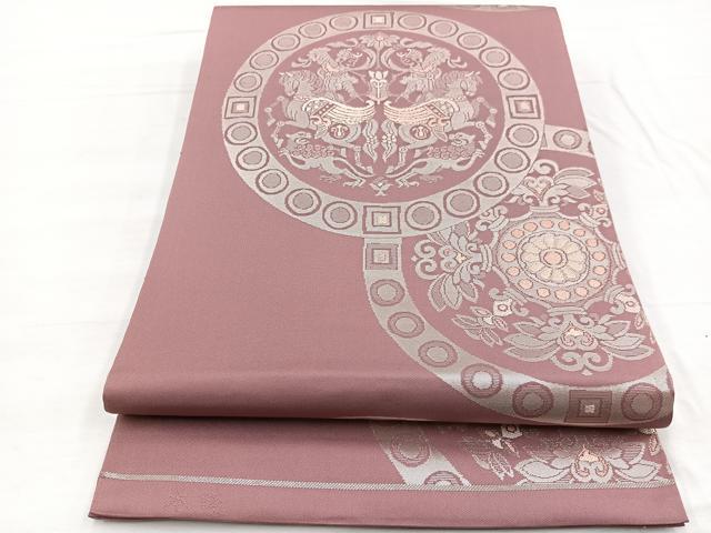 平和屋着物◎六通柄 本袋帯 唐織 狩猟丸文 銀糸 正絹 逸品 BAAX0686hv