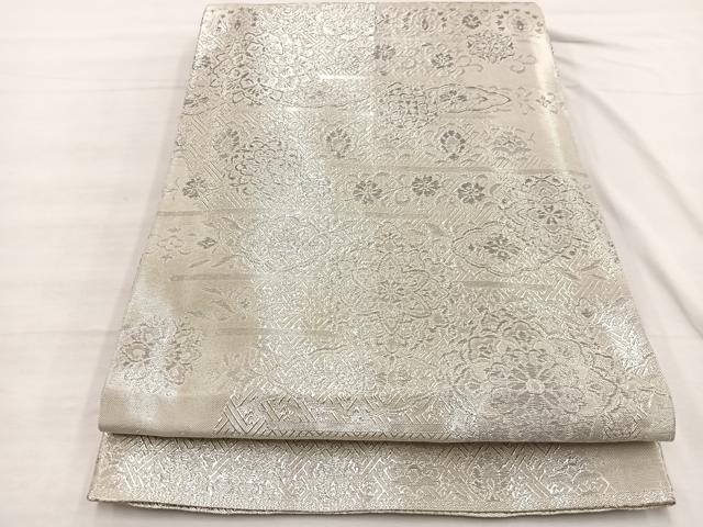 平和屋着物◎佐賀錦 六通柄袋帯 宝相華横段花文 銀糸 正絹 逸品 BAAX0689hv