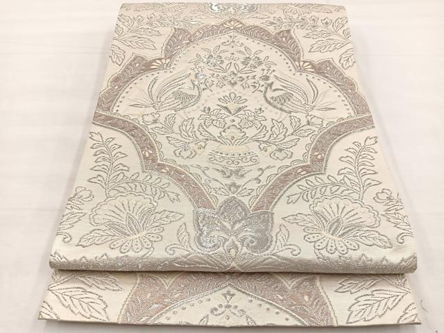 平和屋着物◎六通柄袋帯 唐織 向かい鳥飾花文 銀糸 三越扱い 正絹 逸品 BAAX0693hv
