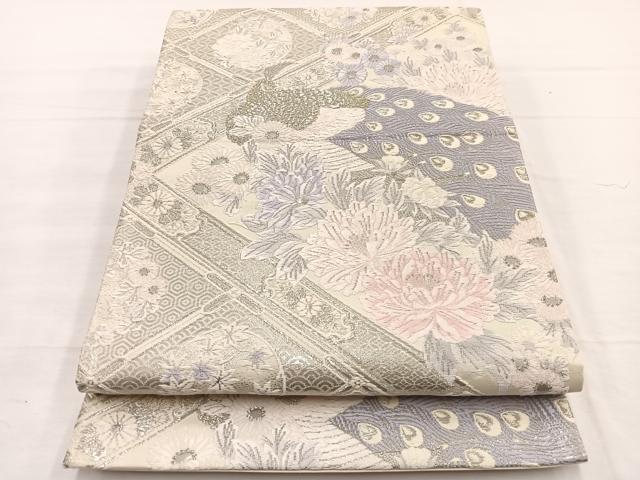 平和屋着物◎六通柄袋帯 唐織 菱天井孔雀花文 プラチナ箔 正絹 逸品 BAAX0733hv
