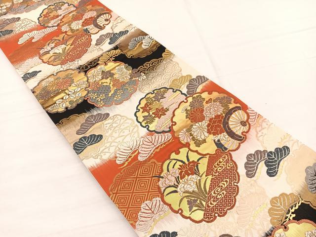 平和屋着物◎六通柄袋帯 唐織 雪輪花車 黒地 金糸 正絹 逸品 BAAX0741hv
